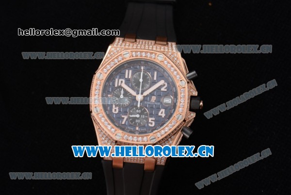 Audemars Piguet Royal Oak Offshore Seiko VK67 Quartz Rose Gold/Diamonds Case with Black Dial and Diamonds Bezel Black Rubber Strap - Click Image to Close